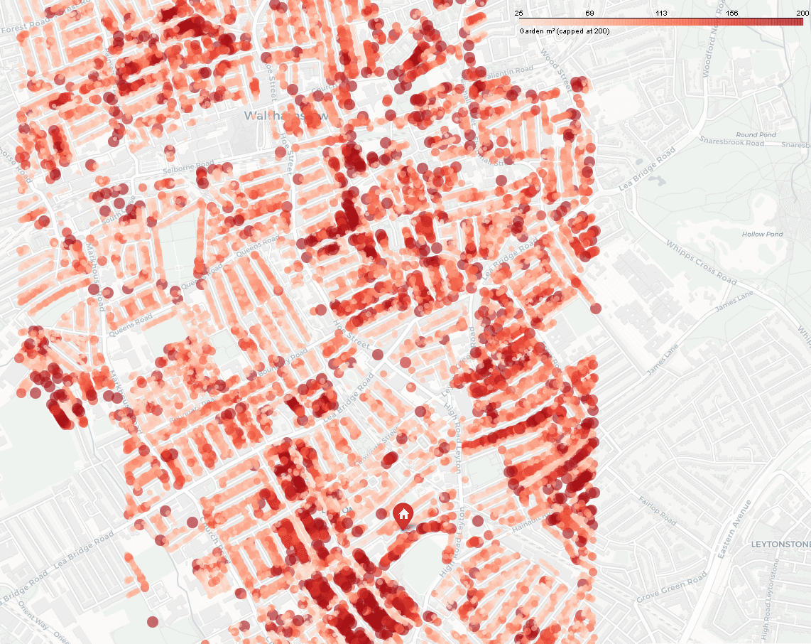 Interactive map showing every classified garden in the study area as a coloured dot, sized and shaded by area