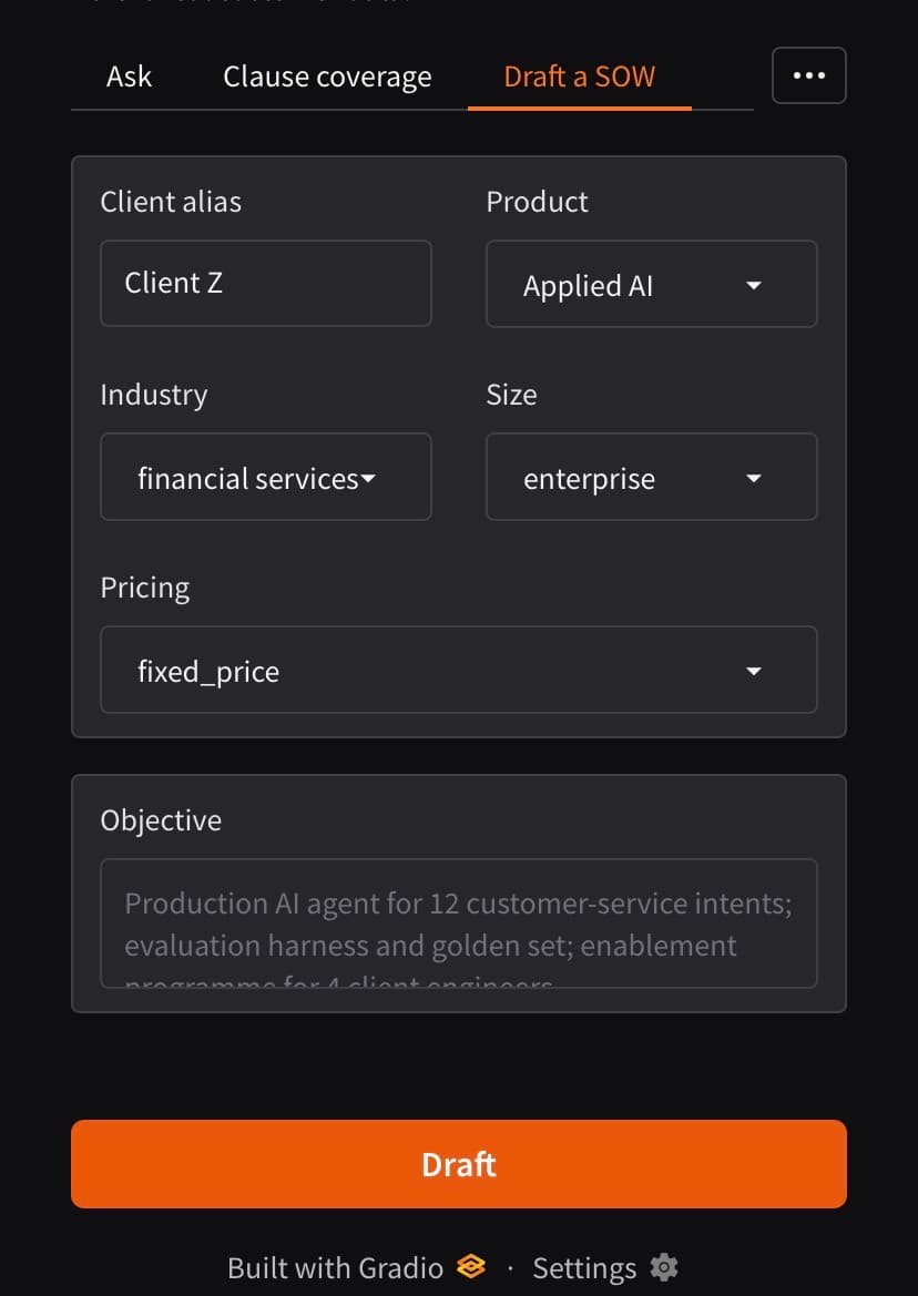 Draft a SOW form with client, product, industry, size, pricing and objective fields