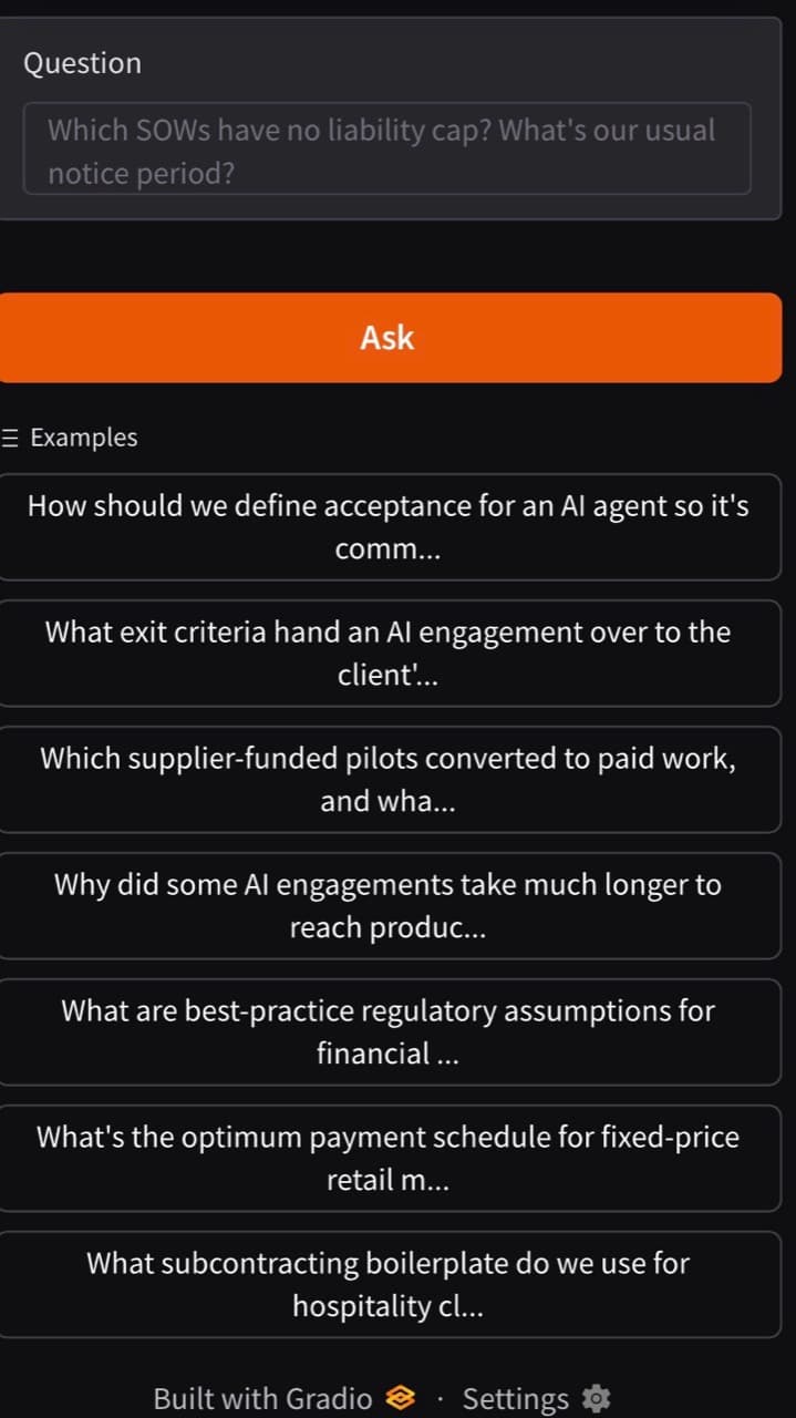 Example questions in SOW Contract Intelligence covering acceptance, handover, pilot conversion, regulation, payment and subcontracting