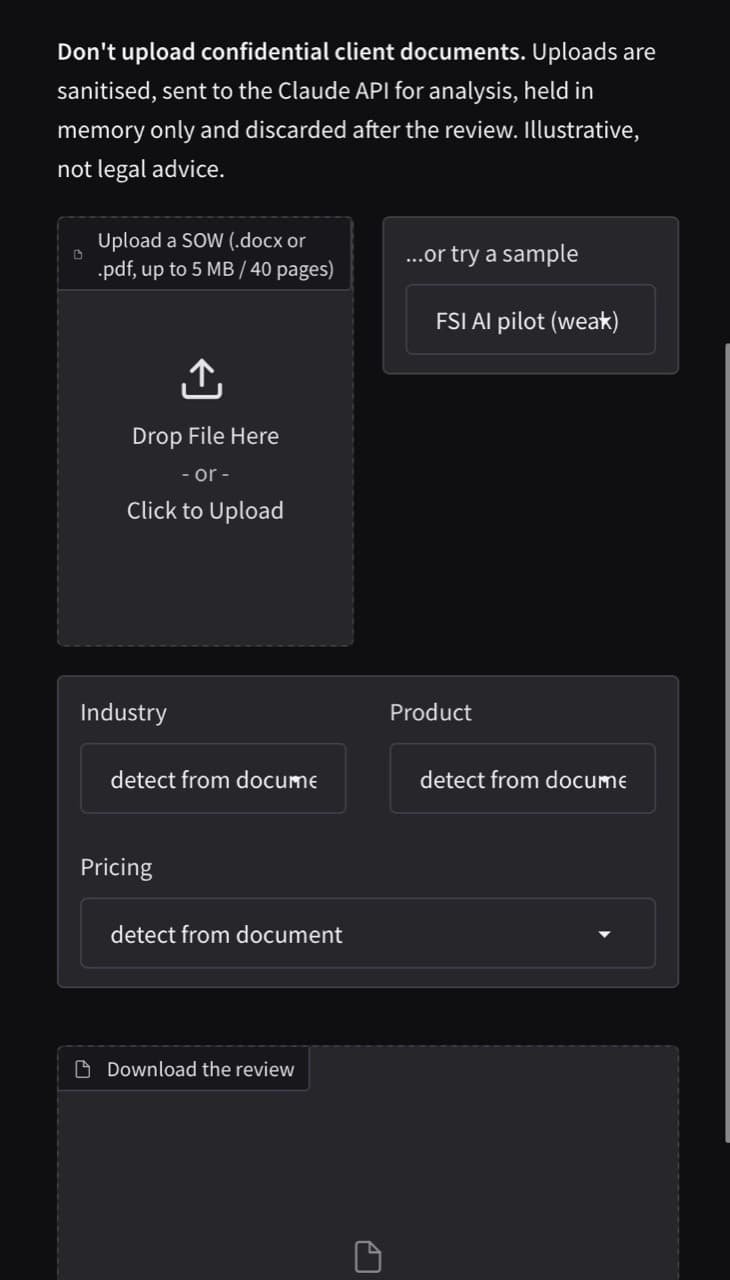 Existing SOW review screen with document upload, fictional sample and detected industry, product and pricing fields