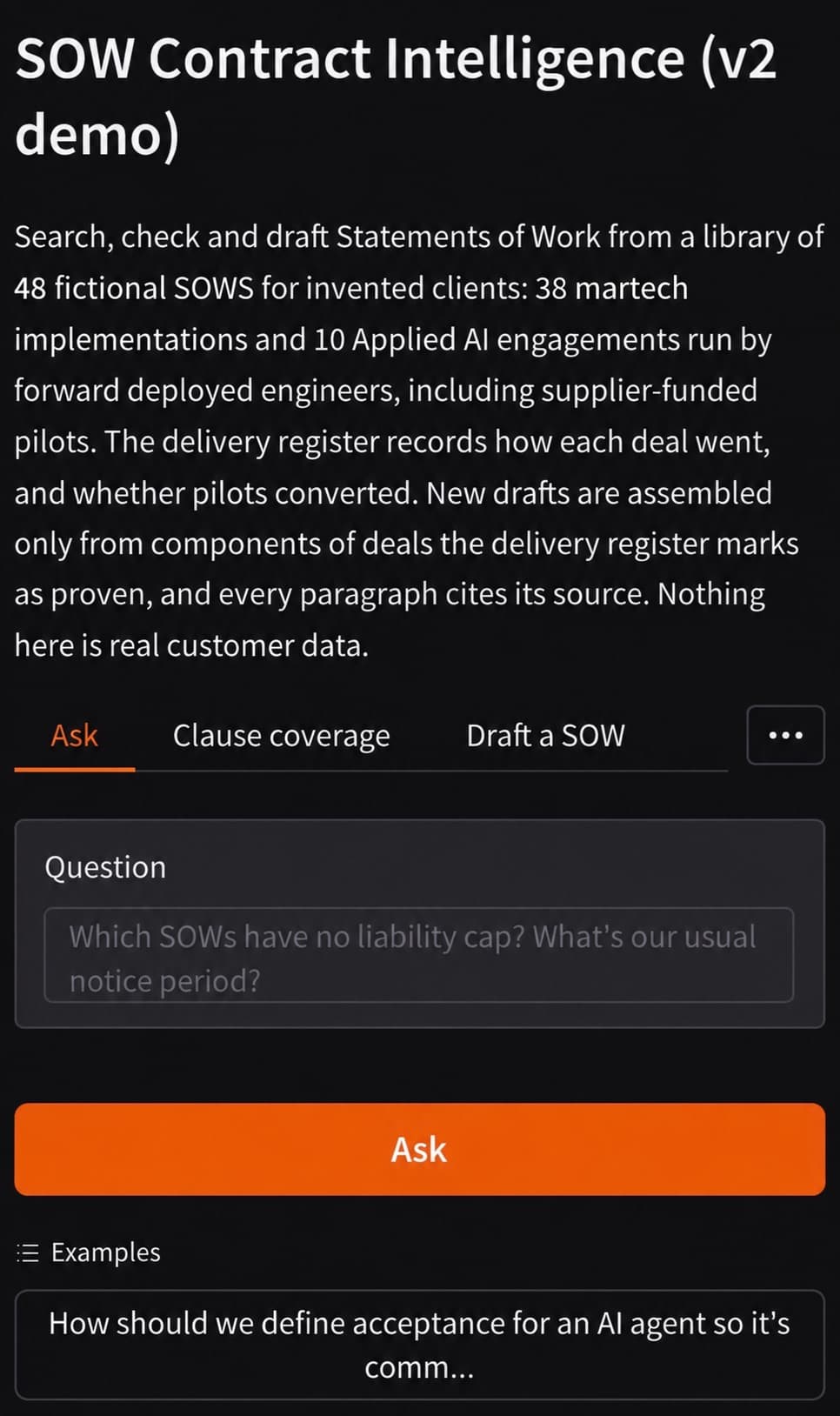 SOW Contract Intelligence starting screen showing the fictional document library, Ask, Clause coverage and Draft a SOW tools